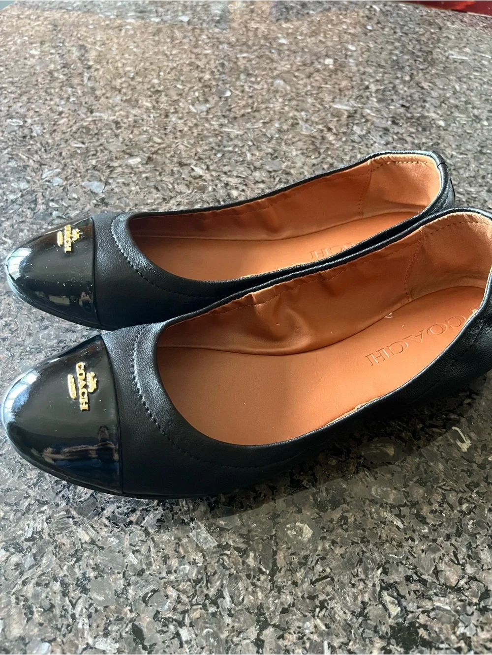 Coach Black Leather Ballet Flats with Patent Black Toe and Gold Logo. Sz: 7B
